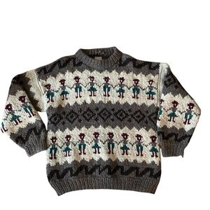 Indian Weavings Thick Chunky 100% Wool LS Crewneck Sweater Sz 2X Olive & Cream